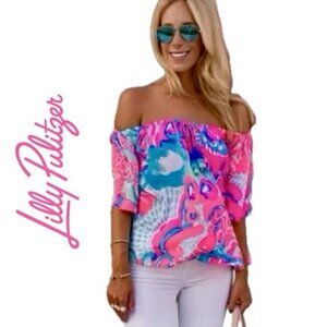 LILLY PULITZER BLOUSE SAINOFF SHOULDER‎ SZ S HOT PINK/ TURQUOISE VERSATILE